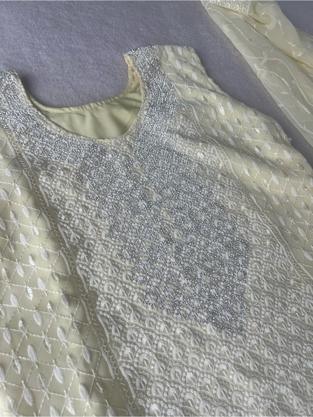 New Light yellow stone work Embroidered 3 piece kurti shalwar and dupatta set - Picture 8 of 8